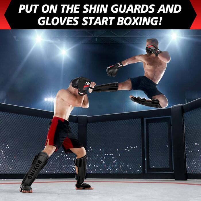 Щитки для гомілок NZQXJXZ для кікбоксингу з боксерськими рукавичками 16 унцій, щитки для гомілок муай-тай, регульовані захисні накладки на ноги із захистом підйому стопи, обладнання для тренувань з бойових мистецтв, ММА та спарингу