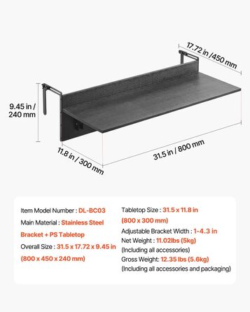 Балконний стіл VEVOR, 800x300 мм, Складаний підвісний балконний стіл, Розкладний стіл для використання на вулиці, Вантажопідйомність 22 кг, Підходить для перил від 25,4 до 109,22 мм, Сервірувальний стіл для тераси та палуби 800 x 450 x 240 мм