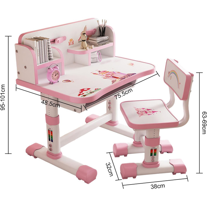 Дитячий функціональний комплект столу та стільця, регульований по висоті, для дітей, школи та навчання, комплект столу та стільця з мультяшним візерунком, ергономічний стілець з великою письмовою дошкою, книжковою полицею та