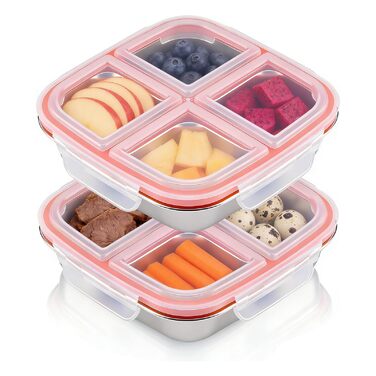 Набір з 2 контейнерів для перекусів з роздільниками, нержавіюча сталь, 17,5x17,5x4,5 см, 600 мл. Контейнер з 4 відділеннями та пластиковою кришкою, штабельовані, для зберігання їжі, сендвічів, для школи, роботи (4 відділення)