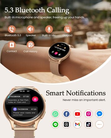 Жіночий смарт-годинник, 1,27-дюймовий HD фітнес-годинник з функцією телефону, відстеження менструального циклу, понад 120 спортивних режимів, 24-годинний монітор серцевого ритму, 24-годинний монітор SpO2, монітор сну, калорії, фітнес-трекер, IP68, сумісни