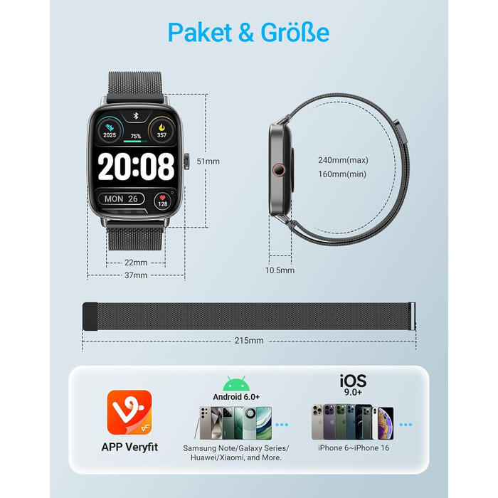 Розумний годинник для чоловіків та жінок з функцією телефону, фітнес-годинник 1,85 дюйма, понад 100 спортивних режимів, фітнес-трекер з моніторингом серцевого ритму/SpO2/сну, крокомір, водонепроникний спортивний годинник IP68 для iOS та Android, металевий