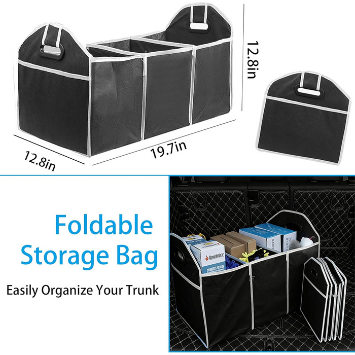 Органайзер для багажника автомобіля, трисекційний, складаний, преміум-матеріал, для позашляховиків, седанів, легкових та вантажних автомобілів, чорний