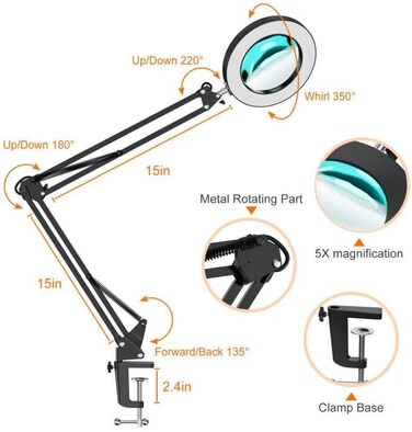 Світлодіодна збільшувальна лампа YOUKOYI, збільшувальна лампа із затискачем, поворотна настільна лампа, робоча лампа, 5-кратне збі