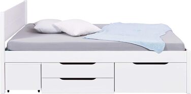 Ліжко з шухлядами - Двоспальне ліжко 140x200 см - Двоярусне ліжко з місцем для зберігання - Масив сосни - 2 шухляди та 1 коробка для зберігання - Включає рейкову основу - Білий лак - Efetivo 140x200 см 140 x 200 см Efetivo White з узголів&39ям