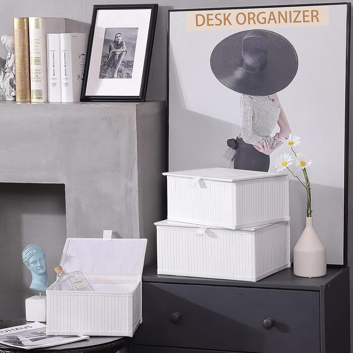 Біла скринька для зберігання Honygebia з кришкою декоративний бамбуковий кошик для зберігання, набір із 3 ротангових кошиків з кришками та тканими тканинними підкладками для ванної кімнати, кухні та організації полиць (великий/середній/малий)