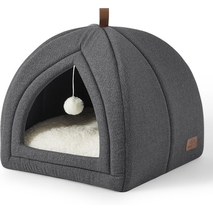 Котяче ліжко BEDSURE для великих котів, котяча печера - 40x40x40 см для приміщень зі знімною подушкою для котів шерпа та підвісною іграшкою, котяче ліжко, яке можна прати, темно-сіре