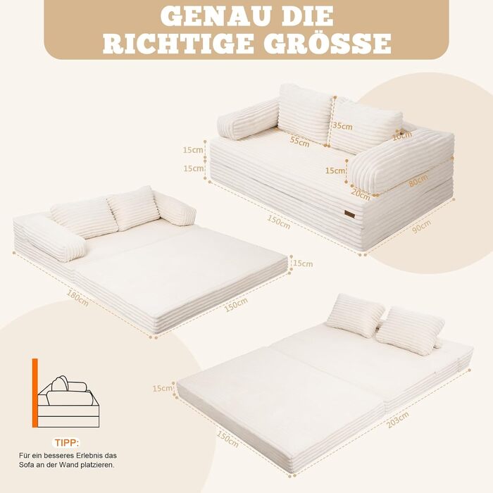 Розкладний диван-ліжко MeMoreCool Cord, зручний розкладний диван із функцією сну, безкістковий диван із подушками для спальні, вітальні та невеликих приміщень, компресійний диван-ліжко 3-в-1, бежевий