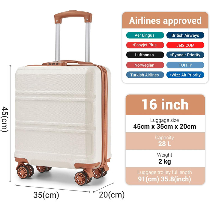 Маленька легка валіза KONO з твердої оболонки 16 дюймів з ABSPC та кодовим замком, ручна поклажа на 4 колесах для Ryanair та easyJet, 45x35x20 см, кремово-білий колір