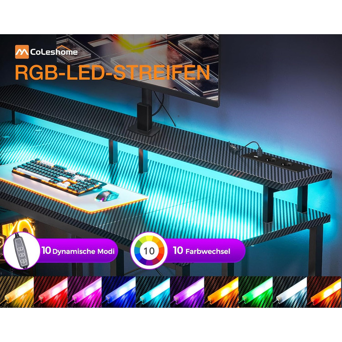 Ігровий стіл Coleshome зі світлодіодним освітленням, 120x50 см, ігровий стіл з 2 розетками та 2 USB-портами, комп&39ютерний стіл з підставкою для монітора та місцем для зберігання, стіл для домашнього офісу, чорний 120x50 см