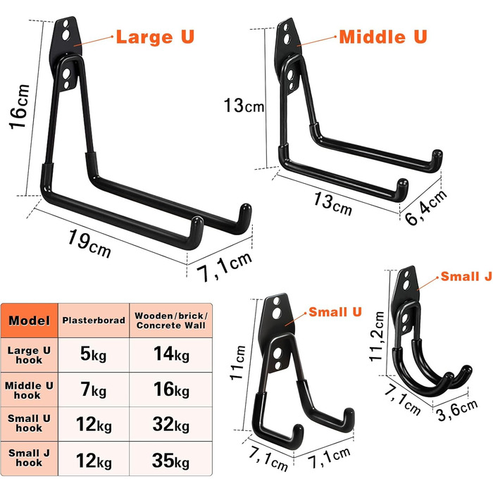 Настінні гачки GUDEMAY Garage - 16 шт. Надміцні гачки з гвинтами та гумовим протектором - Компактний настінний кронштейн для зберігання інструментів, велосипедів, драбин, лиж та садових інструментів - Чорний набір з 16 чорних