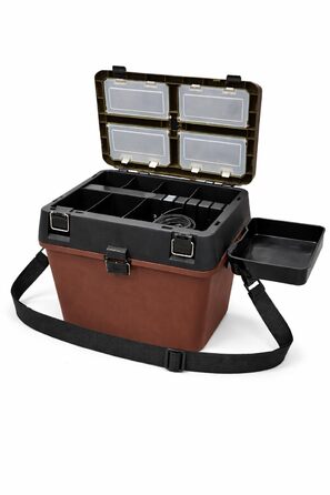 Скринька для рибальських снастей з функцією сидіння, боковим відділенням та ремінцем для перенесення, скринька для рибальських снастей з відділеннями-органайзерами, скринька для рибальських снастей, скринька з сидінням, скринька для снастей, рибальська су
