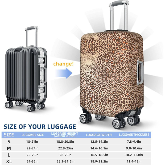 Чохол для валізи Леопардовий принт, міцний захист для багажу, підходить для валіз розміром 45.7 - 81.3 см, розмір XL, Чорний, X-Large