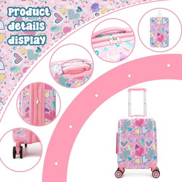 Дитячий набір валіз HTgroce 5 предметів рюкзак-ранце для дівчинки, валіза на колесах, дитяча ручна поклажа, дорожній набір, твердий корпус, рожевий з сердечками