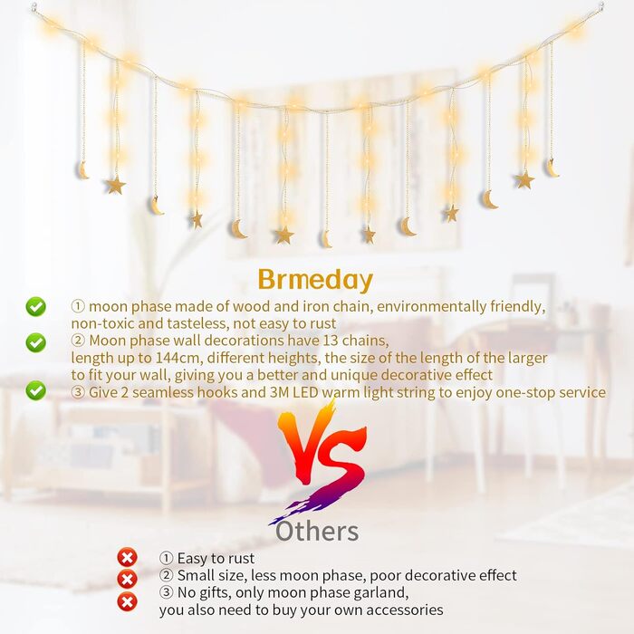 Гірлянда Brmeday Фази Місяця, прикраса стін бохо, Місячна гірлянда естетична кімната настінний декор вітальні, спальні, гірлянди б