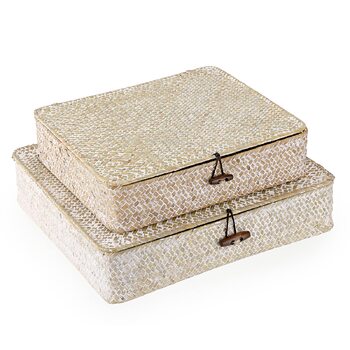 Кошик SUMNACON з ротанга, 2 шт., виготовлений з натуральної морської трави, з кришкою, коробка для зберігання ручної роботи, кошики для зберігання, кошик-органайзер для кухні, ванної кімнати, спальні, великий малий (прямокутний, білий)