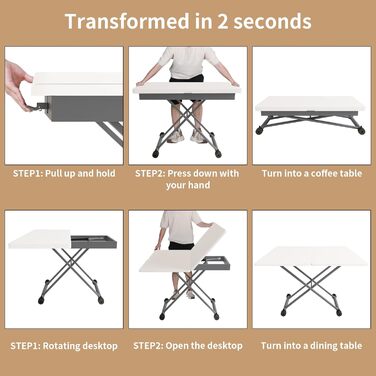 Журнальний столик VOWNER з регульованою висотою, розсувний обідній стіл 3-в-1, що економить місце, для їдальні, поворотний, трансформується у вітальню, обідній стіл, вітальню та багато іншого (білий з деревним малюнком)