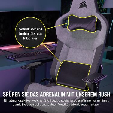 Ігрове крісло Corsair T3 RUSH з тканинною оббивкою (2023) Дизайн у стилі гонок Мяка оббивка Мяка подушка для шиї Поперекова підтримка з піни з ефектом памяті Чорний, темно-сірий та антрацитовий кольори T3 RUSH (2023)