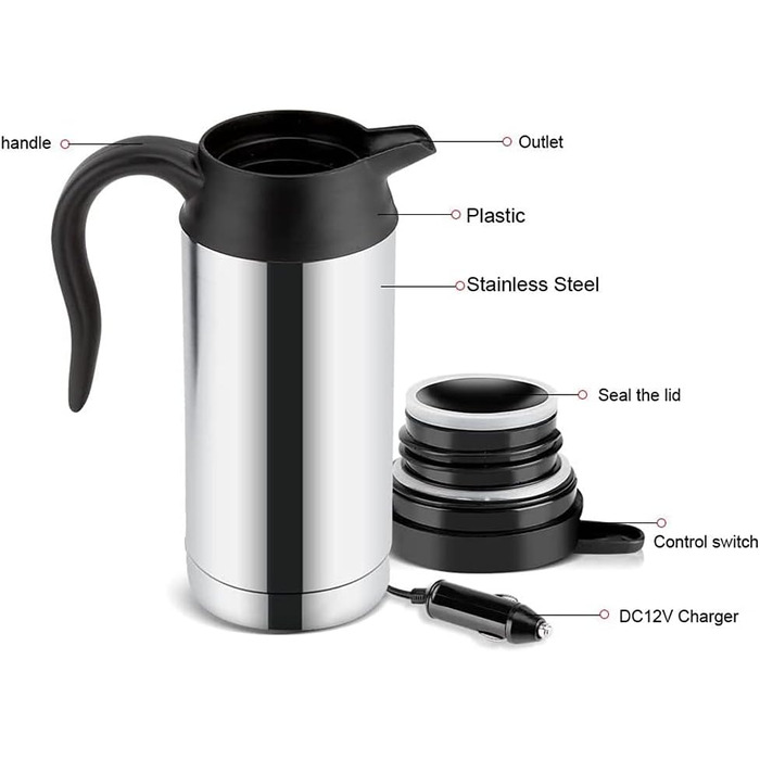 Автомобільний чайник HEZHU з нержавіючої сталі 12V подорожній чайник 650 мл автомобільний еластичний нагрівальний стакан для подор