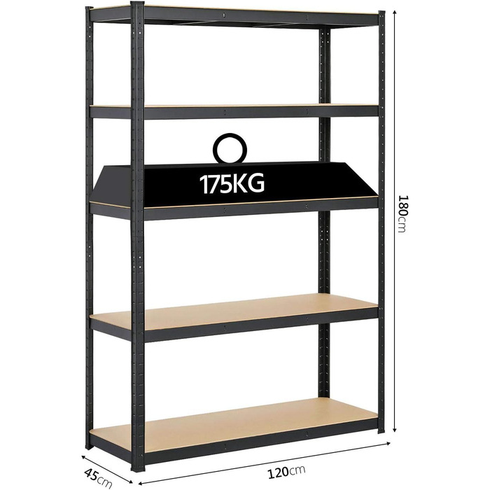 Стелаж Yaheetech для важких умов експлуатації, 180 x 120 x 45 см, 5 полиць, металева полиця, максимальне навантаження 875 кг, чорний