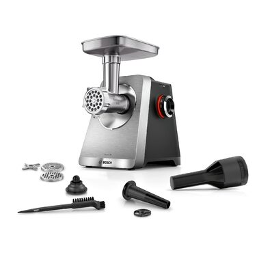 Електрична м'ясорубка Bosch MultiPower Serie 8 MFWS820M, 2500 Вт, нержавіюча сталь, 3 диски (3/4.5/8 мм), насадки для кеббе та ковбас, придатна для миття в посудомийній машині