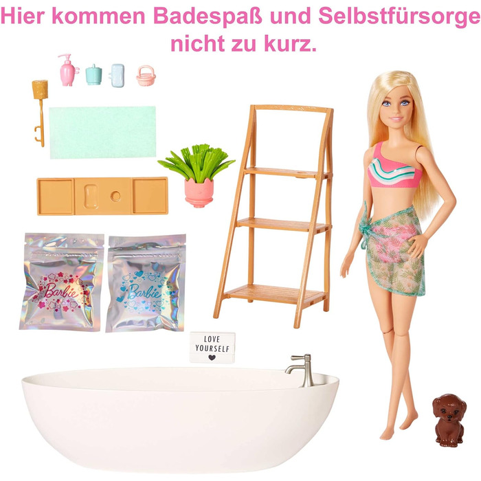 Серія Barbie Self-Care, ванна з конфетті, лялька Barbie зі світлим волоссям, купальник, цуценя, 2 набори мила Confetti, аксесуари
