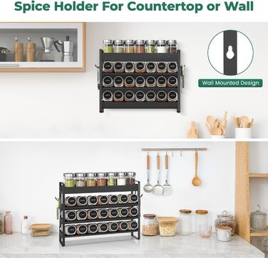 Стійка для спецій, дерев&39яний органайзер для спецій, 4-рівнева бамбукова стійка для спецій, стійка для спецій, підставка для спецій, тримач для спецій, система стійок для спецій, настінна та для кухонь (чорна) чорнийчорний