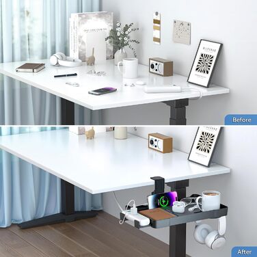 Прихована шухляда під столом KDD - Органайзер для столу з поворотом на 360 та кріпленням, з тримачем для напоїв, гачком для навушників, отвором для кабелю, тримачем для розетки для дому, офісу, школи