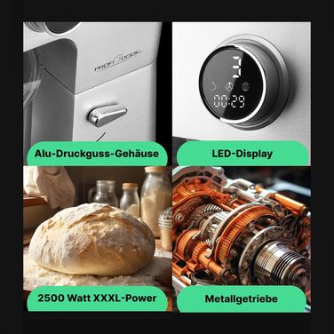 Кухонний комбайн ProfiCook з чашею XXL 12 л Тістомісильна машина з професійним двигуном тривалого терміну служби 2500 Вт Металеві шестерні та світлодіодний дисплей Кухонний комбайн для тіста до 8,5 кг 13 швидкостей ПК КМ 1254