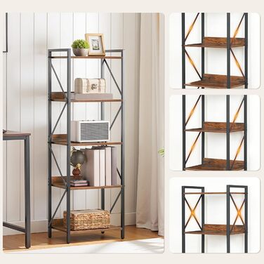 Книжкова полиця HOOBRO, стояча полиця, полиця-драбина, окремостояча вузька полиця, офісна полиця, 5 ярусів, відкриті полиці, для вітальні, спальні, офісу, кухні, рустикальний коричневий та чорний EBF73SJ01 42 x 28 x 132 см Рустикальний коричневий чорний