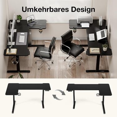 Кутовий стіл, регульований по висоті, L-подібний, 150 x 100 см, електричне регулювання висоти, ергономічний стіл з підставками для чашок та гачками, міцний офісний стіл, чорний, L-подібний, 59