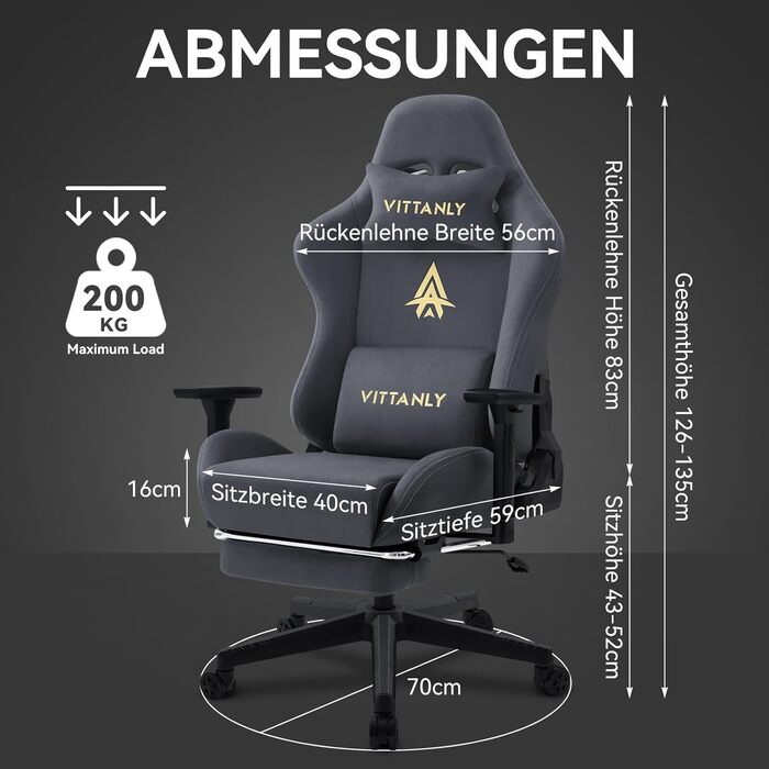 Ігрове крісло Vittanly, розкішне ігрове крісло зі штучної замші, офісне крісло, ергономічне робоче крісло з підставкою для ніг, підголівником та поперековою подушкою, 3D-підлокітники, спинка 90-155, сірий колір