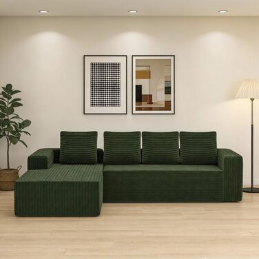 Кутовий диван, 4-місний диван, 3-місний диван, модульний компресійний диван з L-подібним шезлонгом, не потребує складання (плюс вельветова тканина) (зелений)