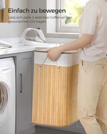 Кошик для білизни з кришкою, 72 л, бамбуковий, складаний, зі знімним мішком для прання, з ручками, для пральні, спальні, колір дер