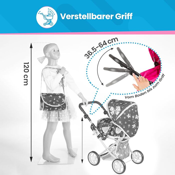 Коляска для ляльок Kinderplay від 1 2 3 років іграшкова коляска - 3 в 1, лялькова коляска зі знімною люлькою і сумкою через плече,