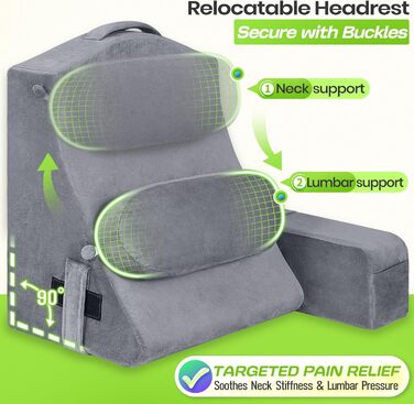 Подушка для читання для дорослих - спинка ліжка зі знімними підлокітниками, підсклянником та підсклянником для телефону - спинка подушки для комфортного сидіння в ліжку (СІРА, 53 см) Сіра 53 см