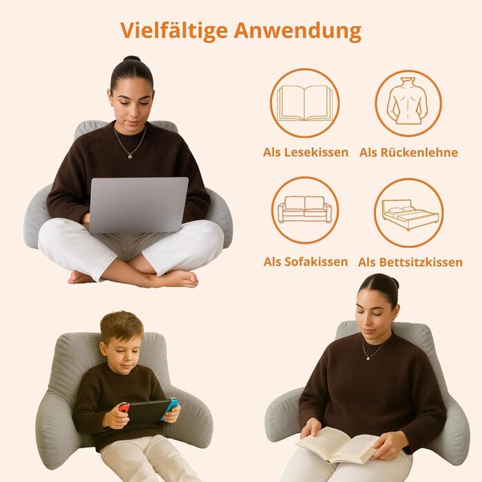 Подушка для читання для сну з підлокітниками, сірий колір, подушка для спини, подушка для сидіння 85 x 40 x 40 см, зроблено в ЄС