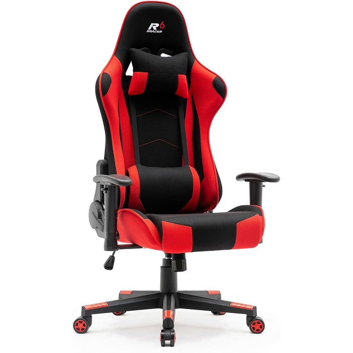 Тканинне ігрове крісло SRACER R6, ігрове крісло до 130 кг, гоночне крісло з підголівником, з поперековою опорою, з 2D підлокітниками, чорно-червоне