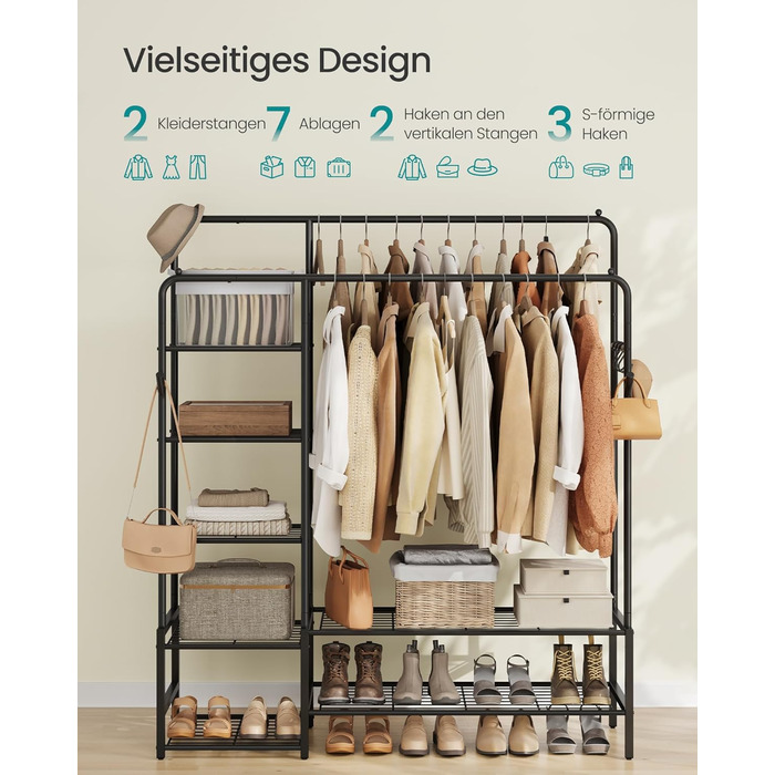 Вішалка для одягу SONGMICS, Відкрита шафа, Вішалка для пальто з 9 полицями, Металевий каркас, Штанга для одягу, для спальні, вітальні, вхідної зони, Чорний HSR183B01 Чорний 195W см