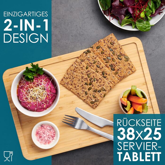 Дерев'яна обробна дошка та піднос 2-в-1 з бамбука - великий - 38 x 25 x 2 см - Ідеальна кухня з дерев'яної дошки для нарізання та