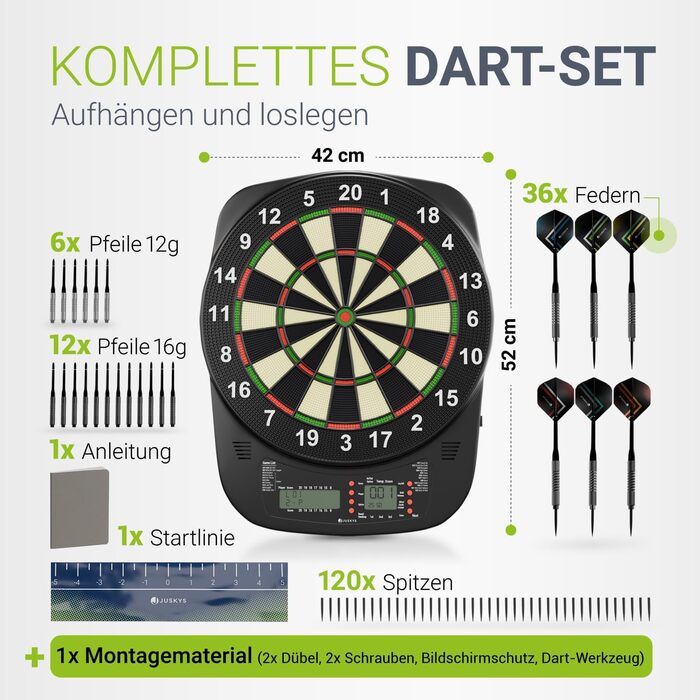 Електронна мішень для дартсу Juskys з 32 іграми та 359 варіаціями, РК-дисплеєм, USB-C, дартсами та аксесуарами, до 8 гравців, живлення від мережі та від батарейок