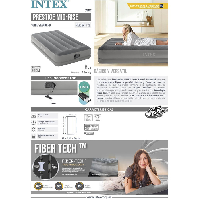 Надувне ліжко Intex Twin Dura-Beam Prestige 99 см x 191 см x 30 см з USB-насосом Fastfill