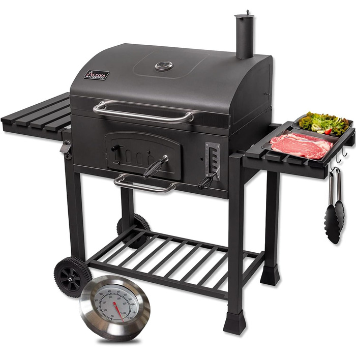 Мангал для вугілля ACTIVA Angulatus I Мангал для вугілля з кришкою, регульованим піддоном для вугілля та термометром I Візок для б