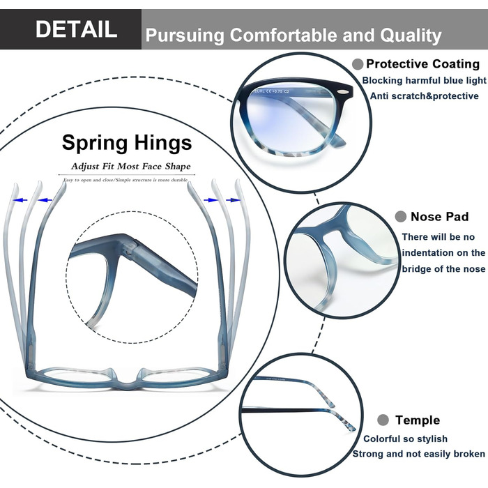 И Окуляри для читання Окуляри з фільтром синього світла для жінок і чоловіків Пір'яні шарніри Окуляри Комп'ютер/мобільний телефон Блоки синього світла Зчитувач окулярів 4 шт. и-1 2.0x, 4 шт.