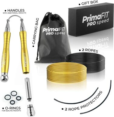 Скакалка PrimaFIT для дорослих Fitness Pro Speed Jump Rope 3 м регульована з обтяженнями, 2 кульковими підшипниками та протиковзкими ручками, професійні скіппінг для боксу, ММА, кросфіту, додаткова сталева мотузка, сумка (золотий колір)