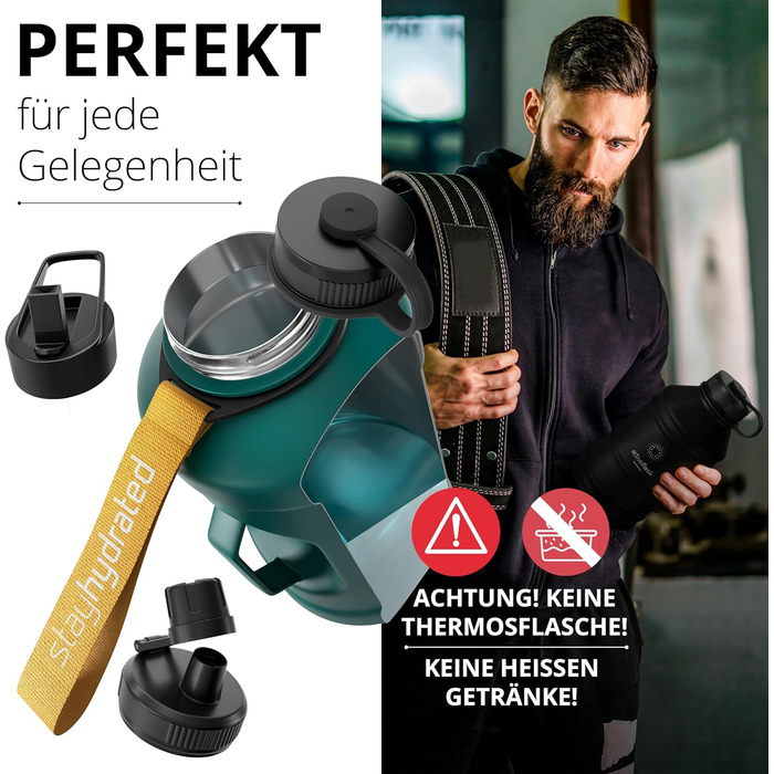 Пляшка для пиття BeMaxx з нержавіючої сталі ACTIVE FLASK соломинка (3 кришки) Велика спортивна пляшка об'ємом 2,2 літра без бісфен