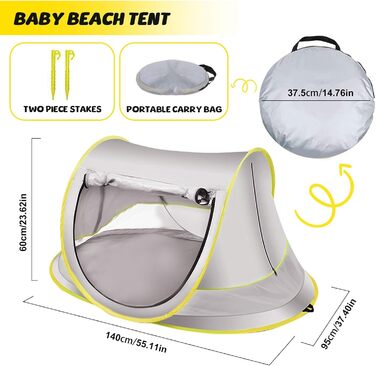 Розкладний пляжний намет із захистом від ультрафіолету 50, пляжний намет для немовлят та малюків, 140x95x60 см, портативний, надзвичайно легкий, захист від сонця, вітрозахисний, пляжний намет для пікніків, садовий, дорожній з сумкою для перенесення, сірий