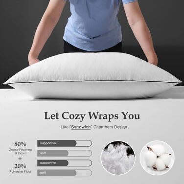 Пухові подушки DWR 40x80 см, комплект з 2 шт. , пір&39яні подушки з 3-камерним наповнювачем - розкішні подушки з гусячого пера та 100 органічна бавовняна тканина, надзвичайно комфортні, м&39які та підтримуючі, подушки 40x80 см, білі 40x80 см (2 шт.)