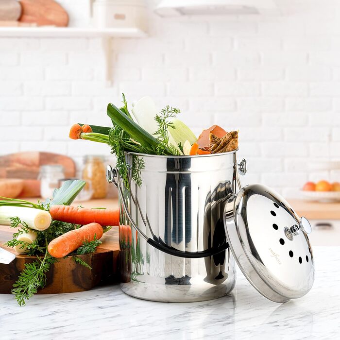 Преміум контейнер для компосту для кухні з нержавіючої сталі Без запаху - Контейнер для органічних відходів - У комплекті з безкош