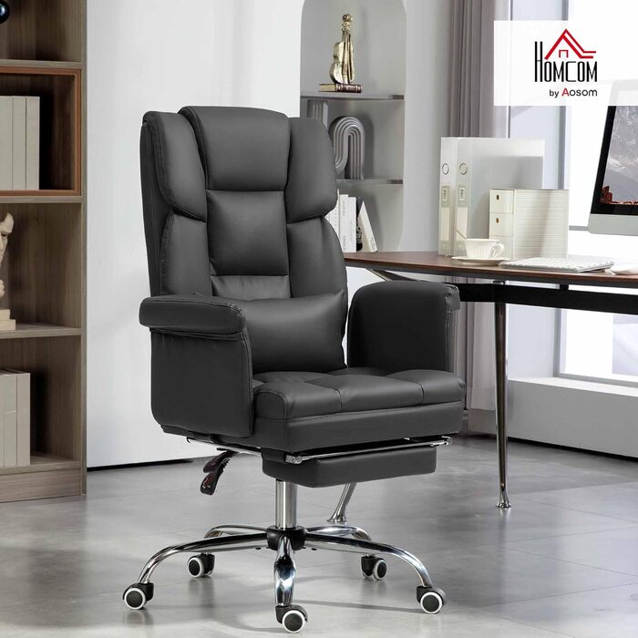 Офісний стілець HOMCOM Ергономічне робоче крісло з поперековою опорою, підлокітниками, підставкою для ніг, регульованим по висоті обертовим кріслом зі штучної шкіри, м&39яке комп&39ютерне крісло, чорний колір